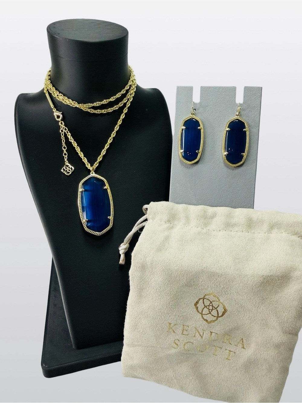 Kendra Scott Gold Tone Rayne Necklace Elle Drop Earrings Cobalt Blue 3 Piece Set